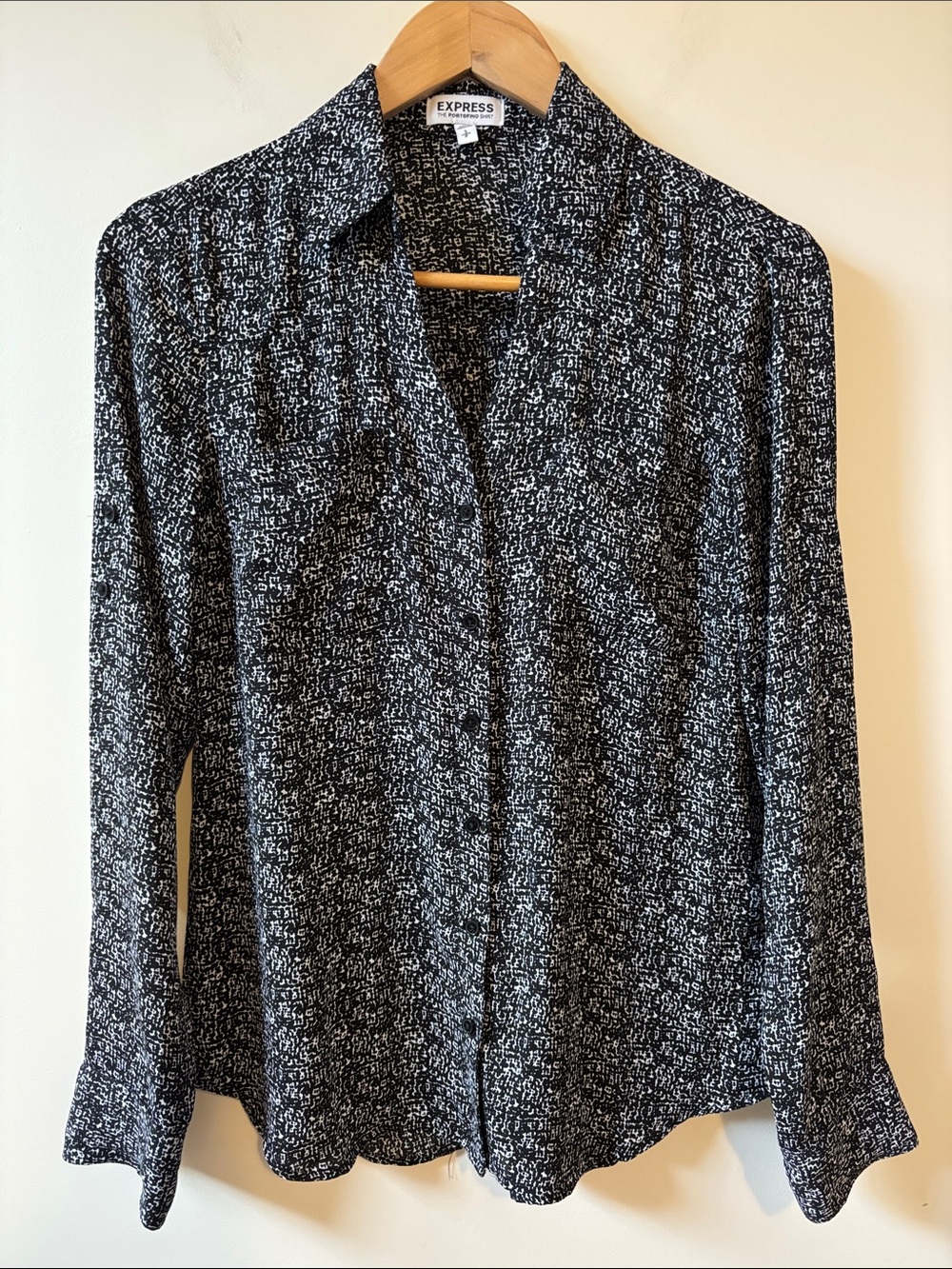 Express Black & White Microprint Button-Down Portofino Blouse